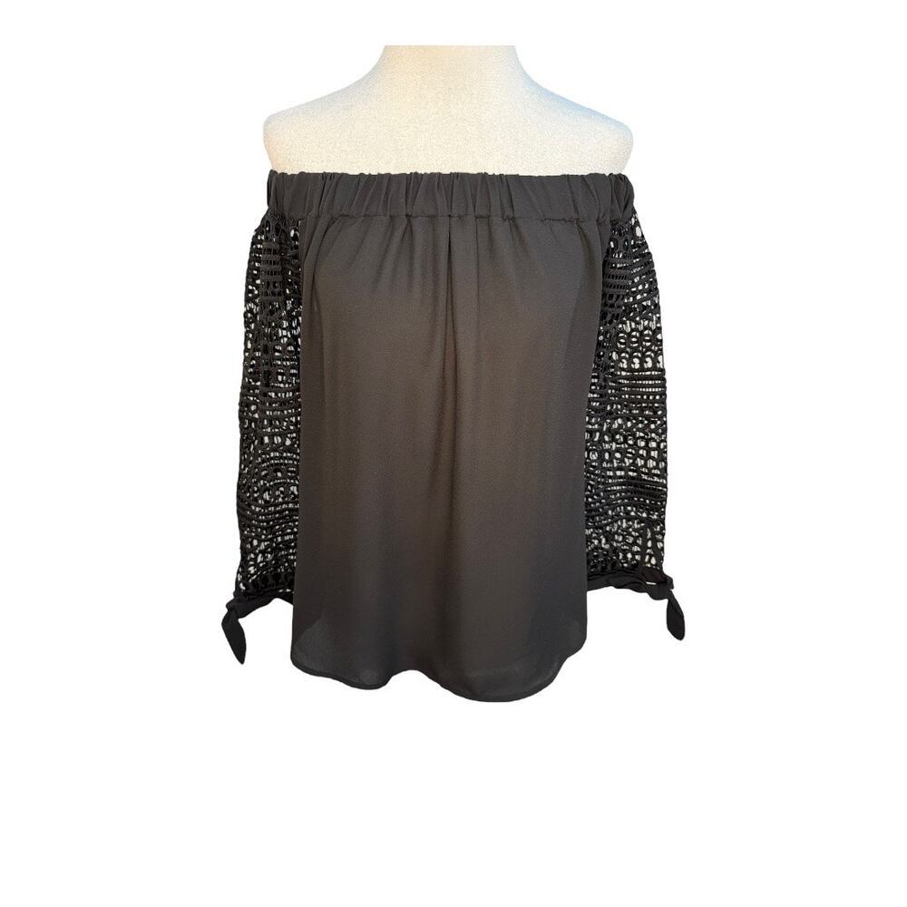 NEW Express Women's XS Black Off Shoulder Blouse 3/4 Sleeve Lace Tie Casual NWT